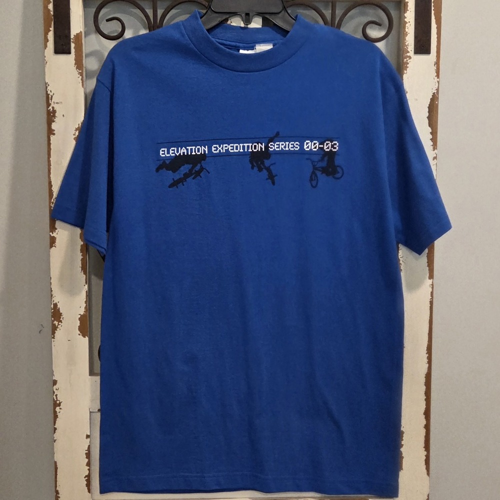 BPLN Y2K Elevation Expedition Series T Shirt Mens Medium Blue BMX Skate Tee USA